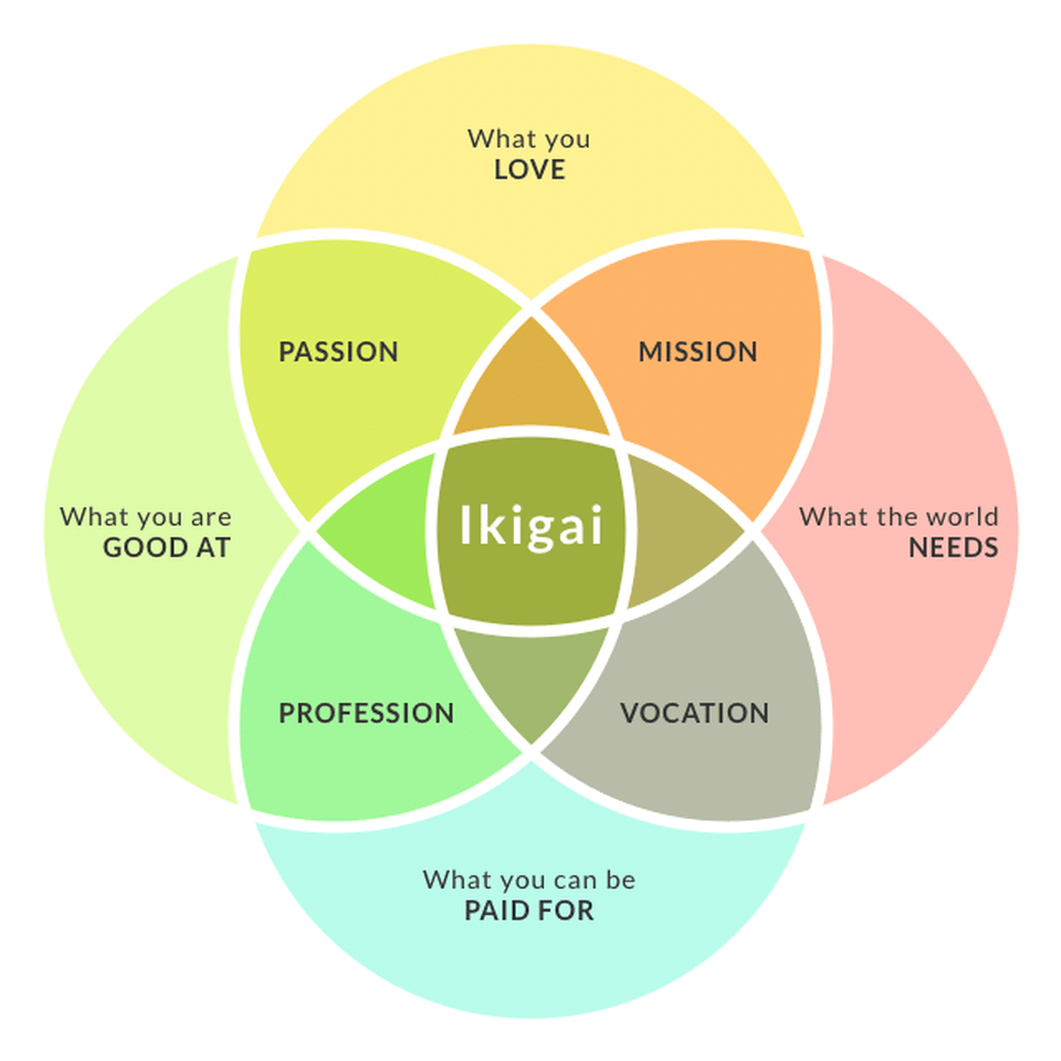 Venn diagram clearly explaining the meaning of the word ikigai