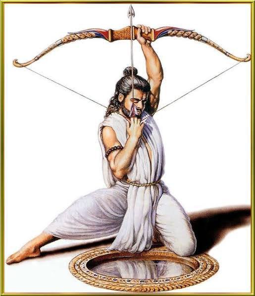 Gandeevadhari Arjuna aiming at fish by seeing reflection in mirror