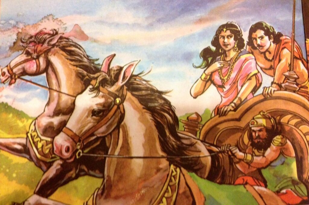 Subhadra drove the chariot herself, taking Arjuna with her. Subhadra became the wife of Arjuna and the Queen of Indraprastha
